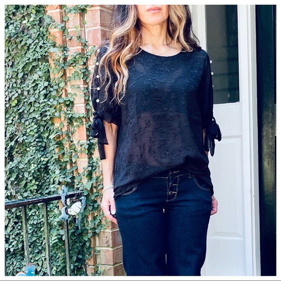 Black textured pearl detail sleeves tunic top - Picture 8 of 8